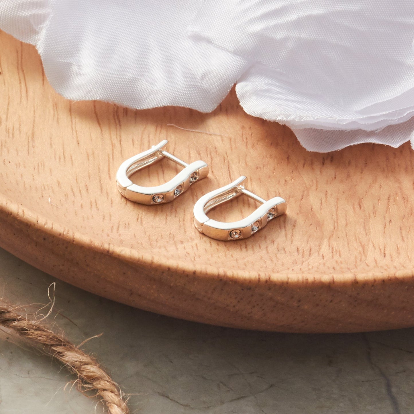 Silver Plated Three Stone Hoop Earrings Created with Zircondia® Crystals