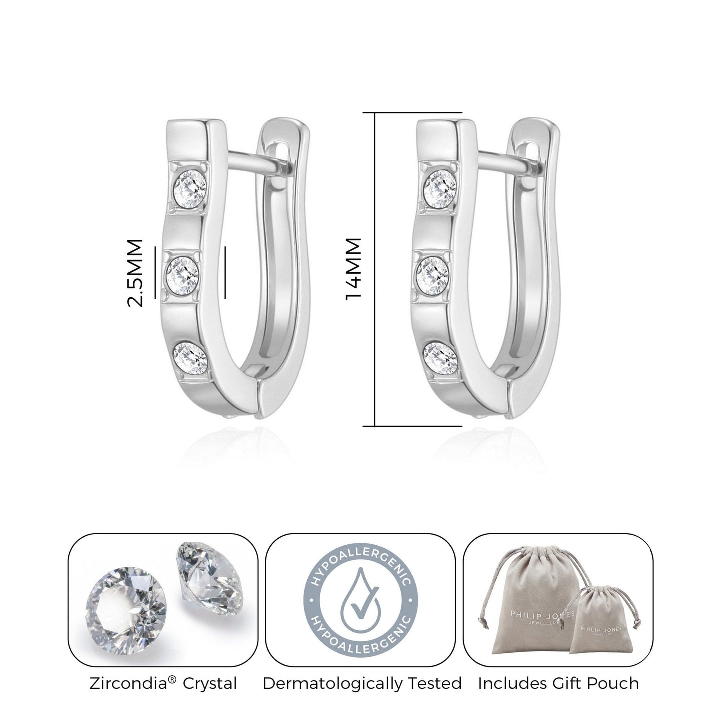 Silver Plated Three Stone Hoop Earrings Created with Zircondia® Crystals