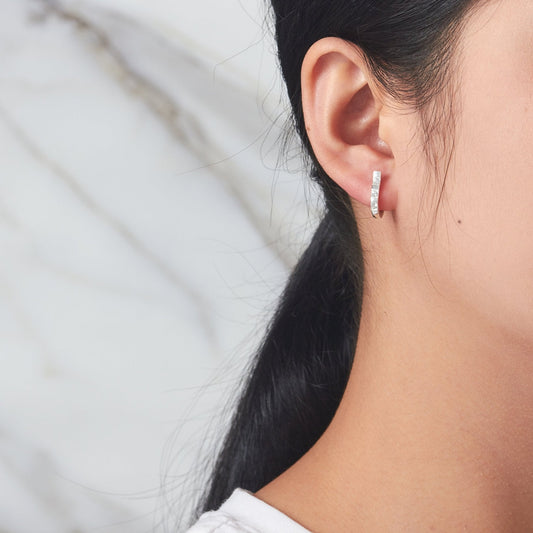 Silver Plated Three Stone Hoop Earrings Created with Zircondia® Crystals