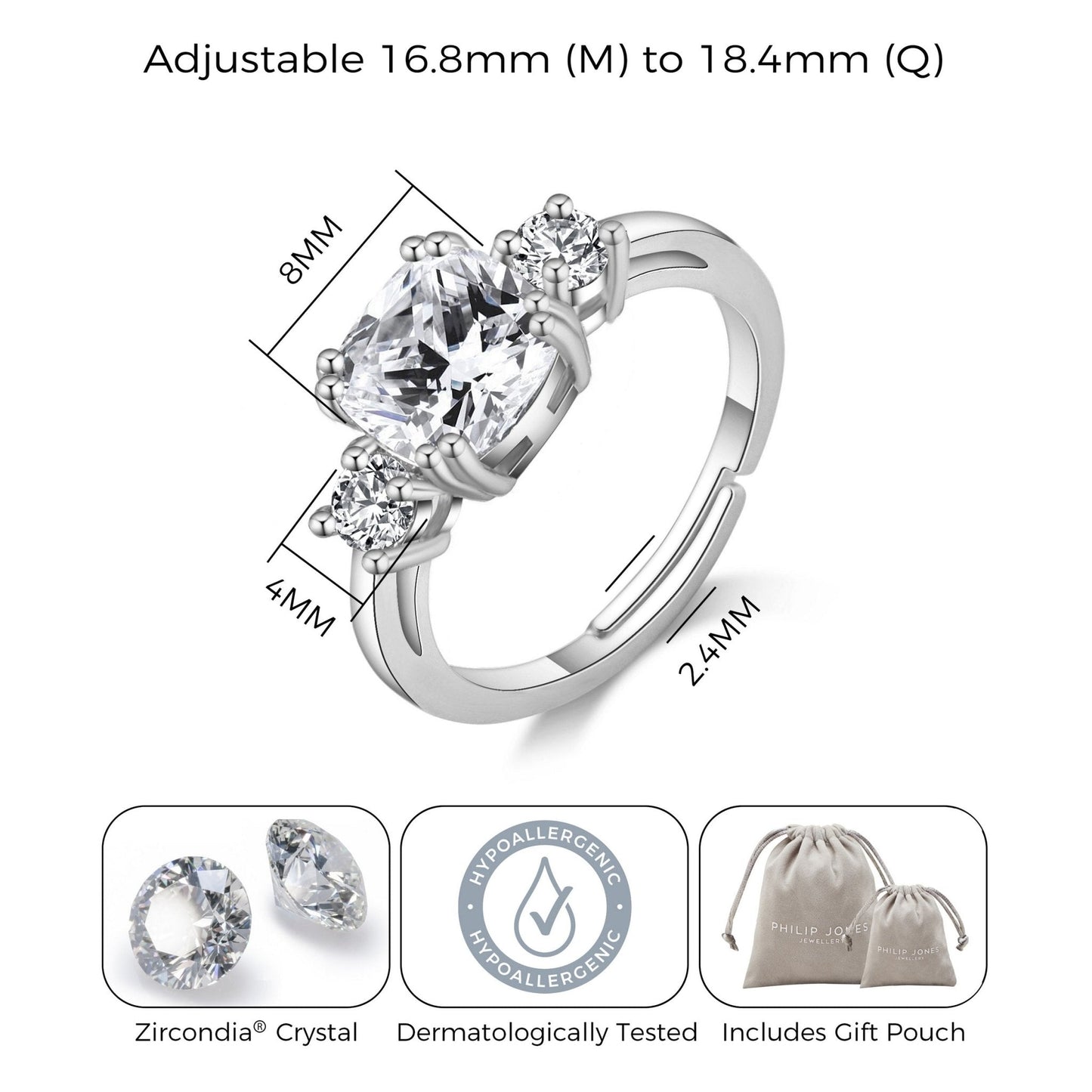 Silver Plated Three Stone Ring Created with Zircondia® Crystals