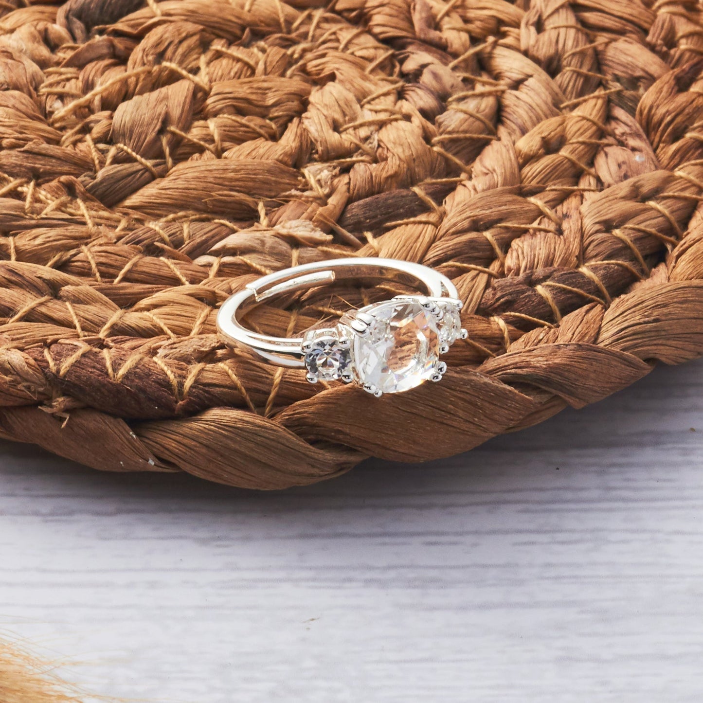 Silver Plated Three Stone Ring Created with Zircondia® Crystals