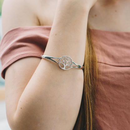 Silver Plated Tree of Life Bangle Created with Zircondia® Crystals (7 Inch)