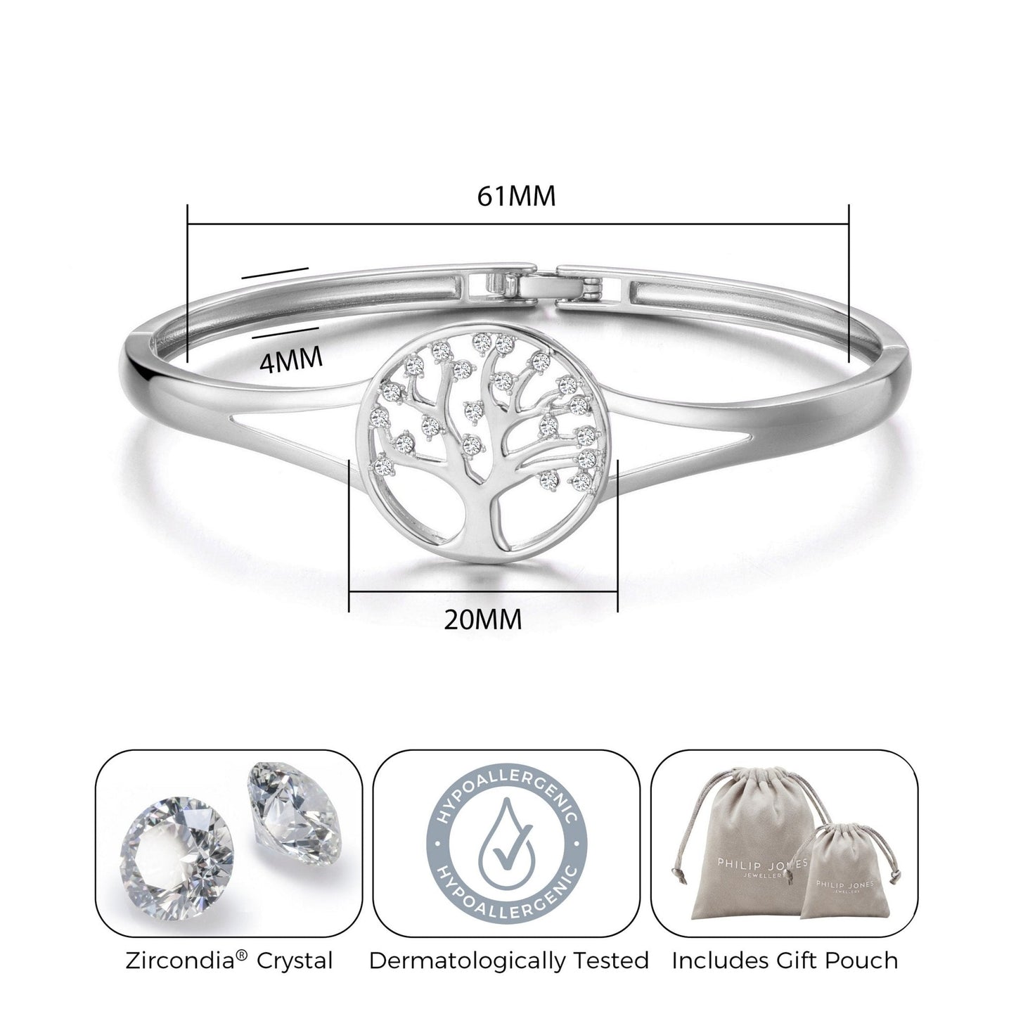 Silver Plated Tree of Life Bangle Created with Zircondia® Crystals (7 Inch)