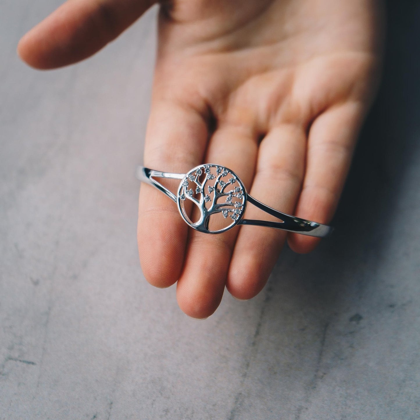 Silver Plated Tree of Life Bangle Created with Zircondia® Crystals (7 Inch)