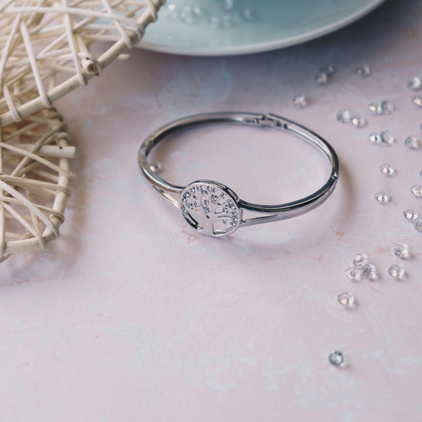 Silver Plated Tree of Life Bangle Created with Zircondia® Crystals (7 Inch)