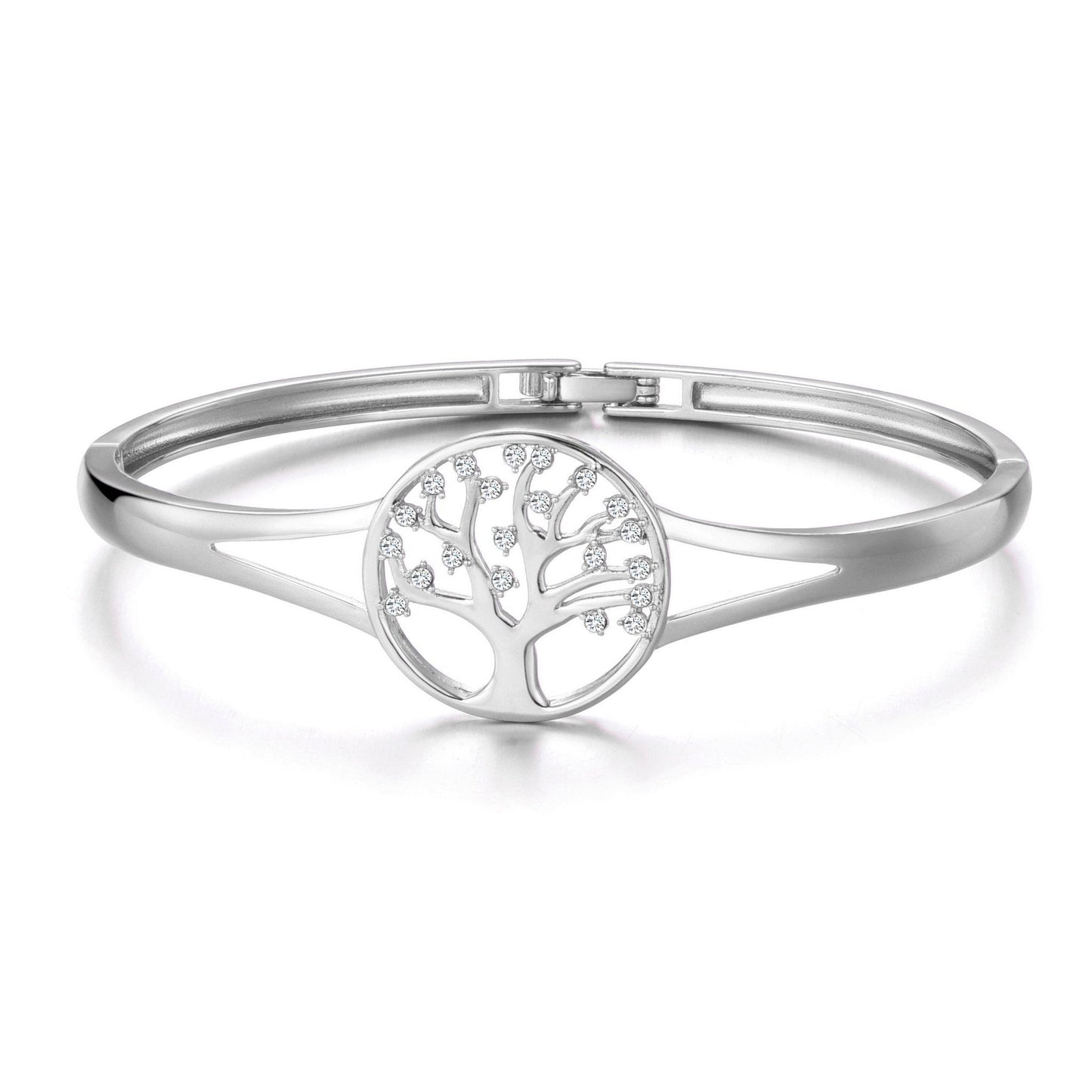 Silver Plated Tree of Life Bangle Created with Zircondia® Crystals (7 Inch)