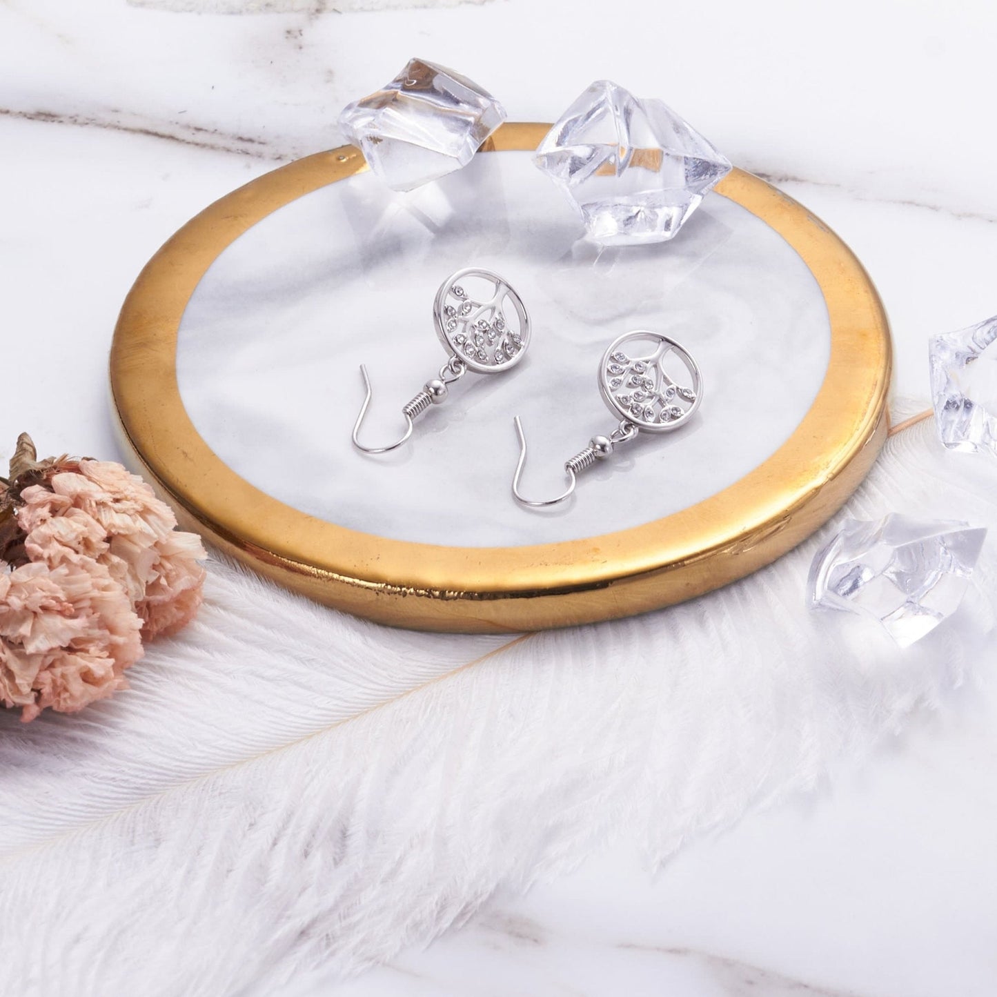 Silver Plated Tree of Life Drop Earrings Created with Crystals from Zircondia®