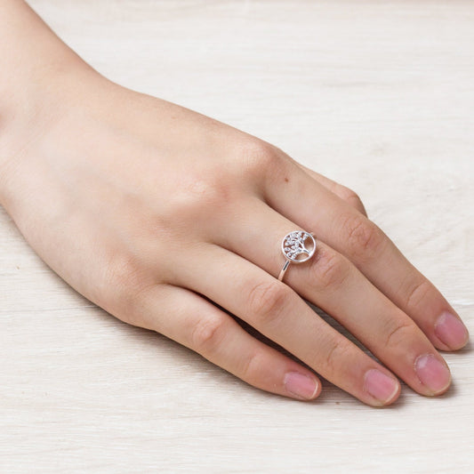 Silver Plated Tree of Life Ring Created with Zircondia® Crystals