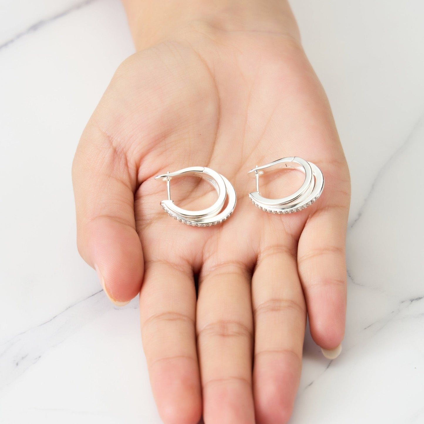 Silver Plated Triple Illusion Hoop Earrings Created with Zircondia® Crystals