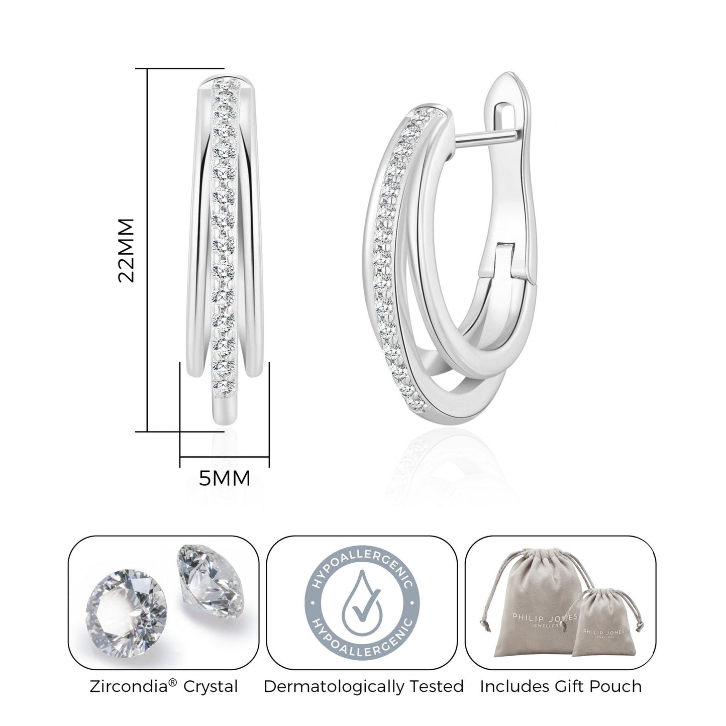 Silver Plated Triple Illusion Hoop Earrings Created with Zircondia® Crystals