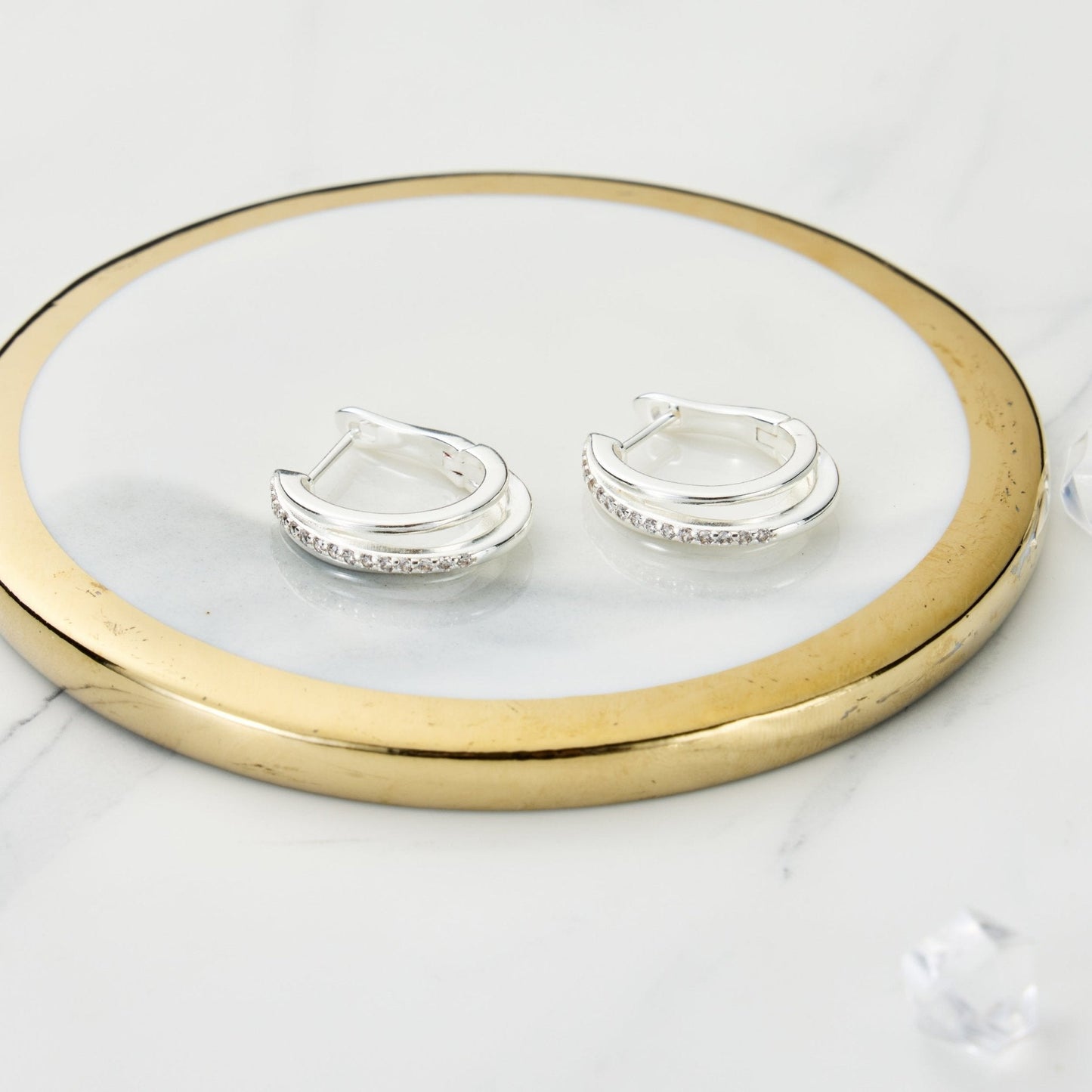 Silver Plated Triple Illusion Hoop Earrings Created with Zircondia® Crystals