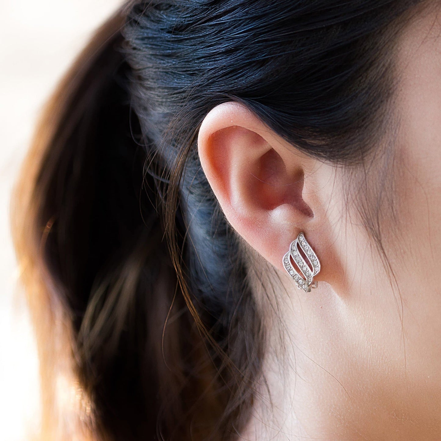 Silver Plated Triple Row Clip On Earrings Created with Zircondia® Crystals