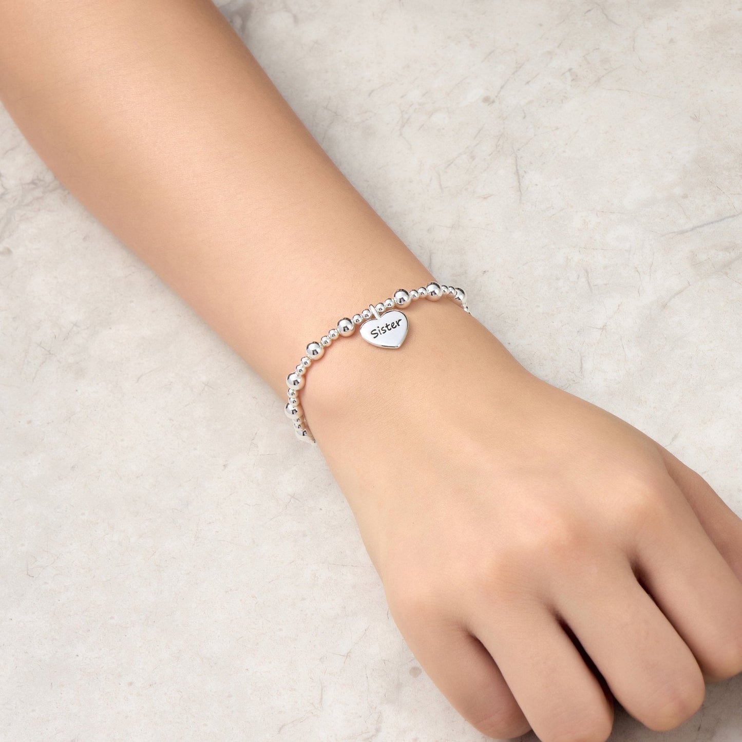 Sister Heart Charm Beaded Stretch Bracelet
