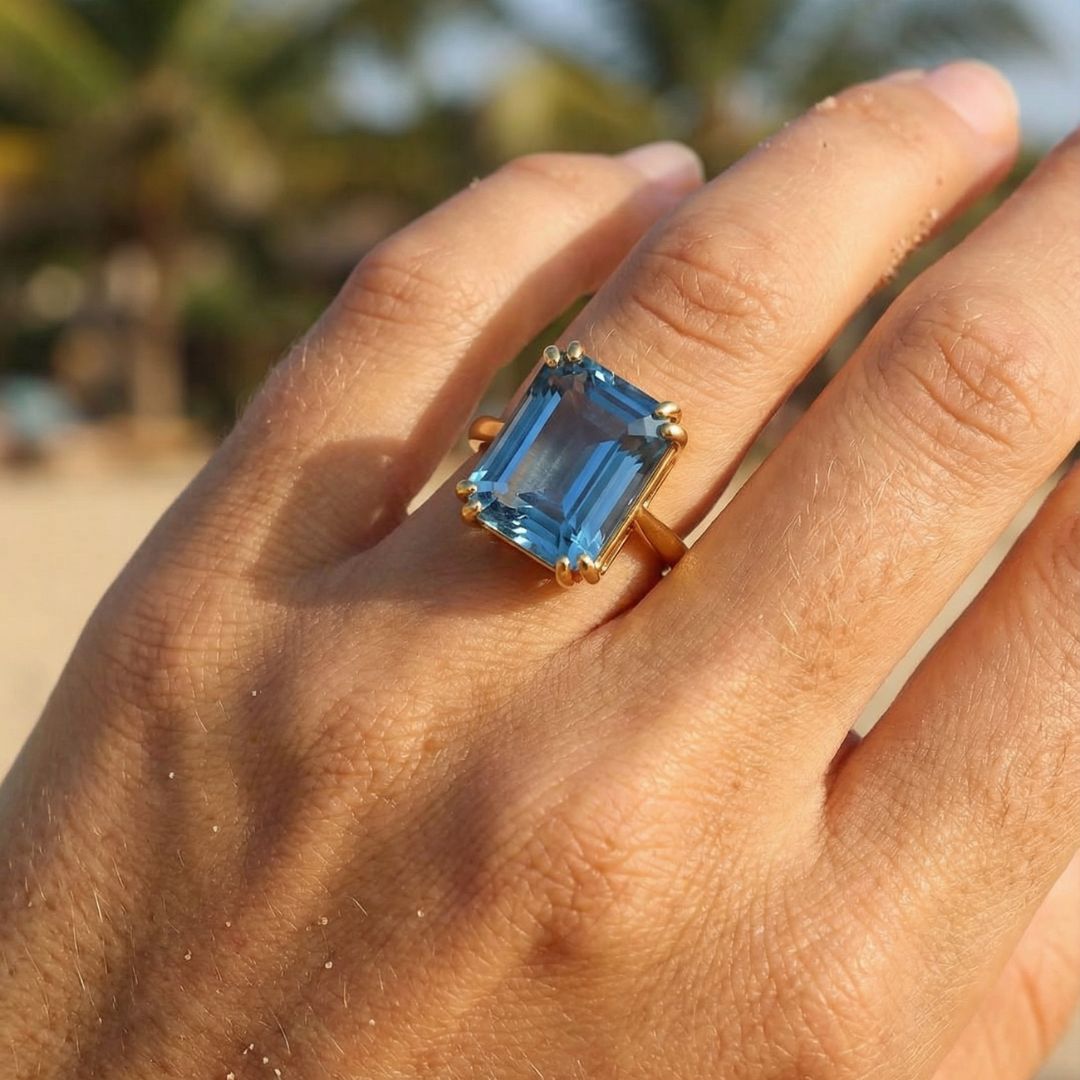 Gold or Silver Ocean Blue Topaz Ring - Bali