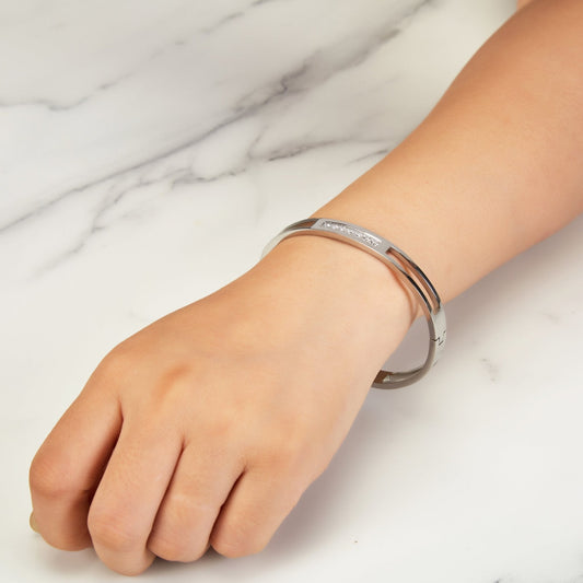 Stainless Steel Channel Bangle Created with Zircondia® Crystals (7 Inch)