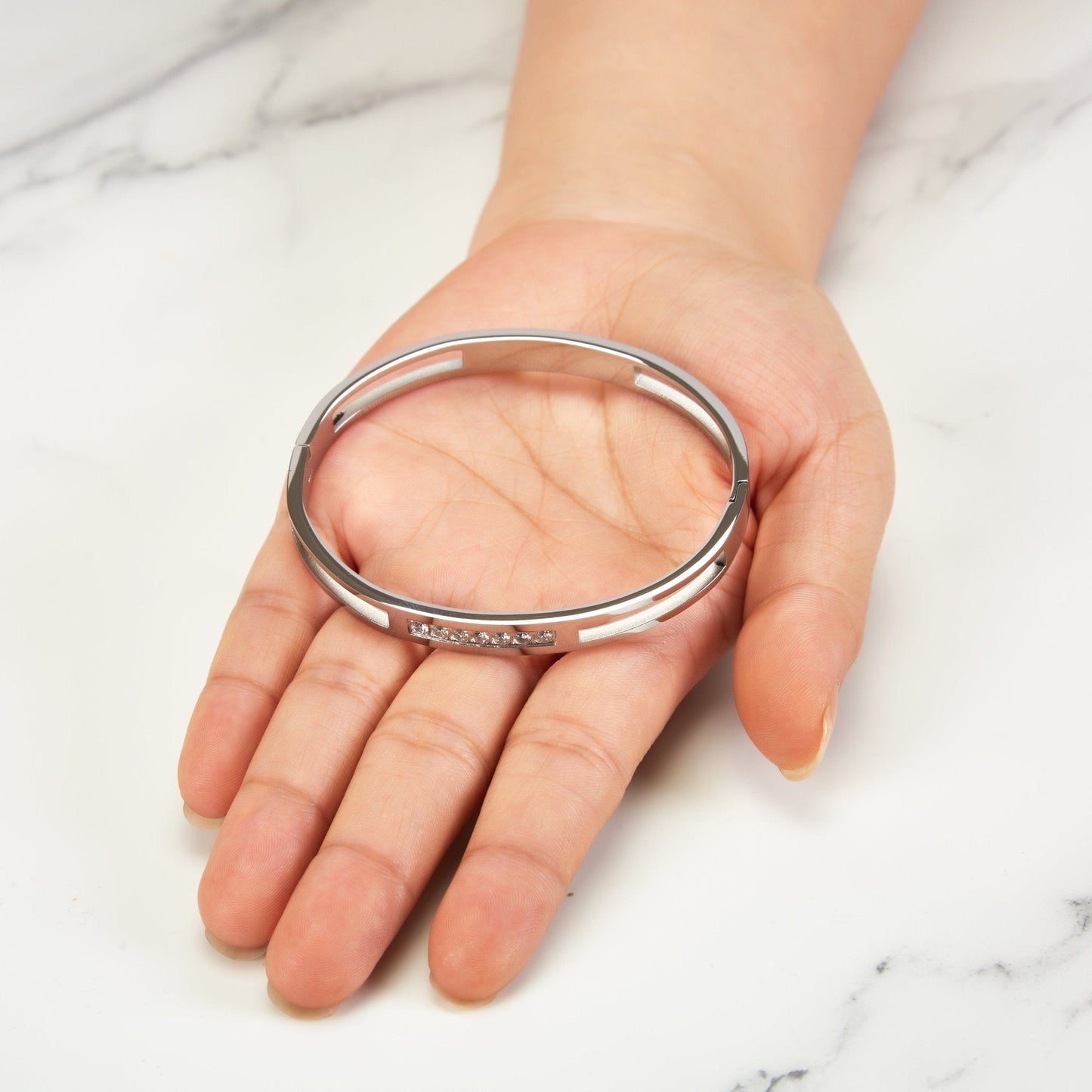 Stainless Steel Channel Bangle Created with Zircondia® Crystals (7 Inch)