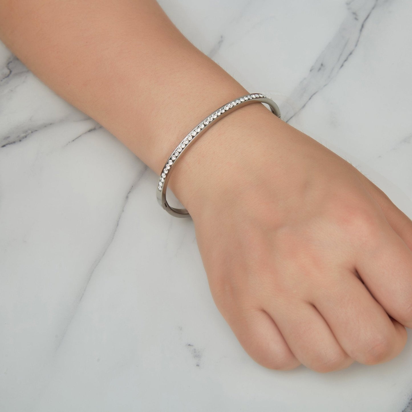 Stainless Steel Channel Set Bangle Created with Zircondia® Crystals (7 Inch)