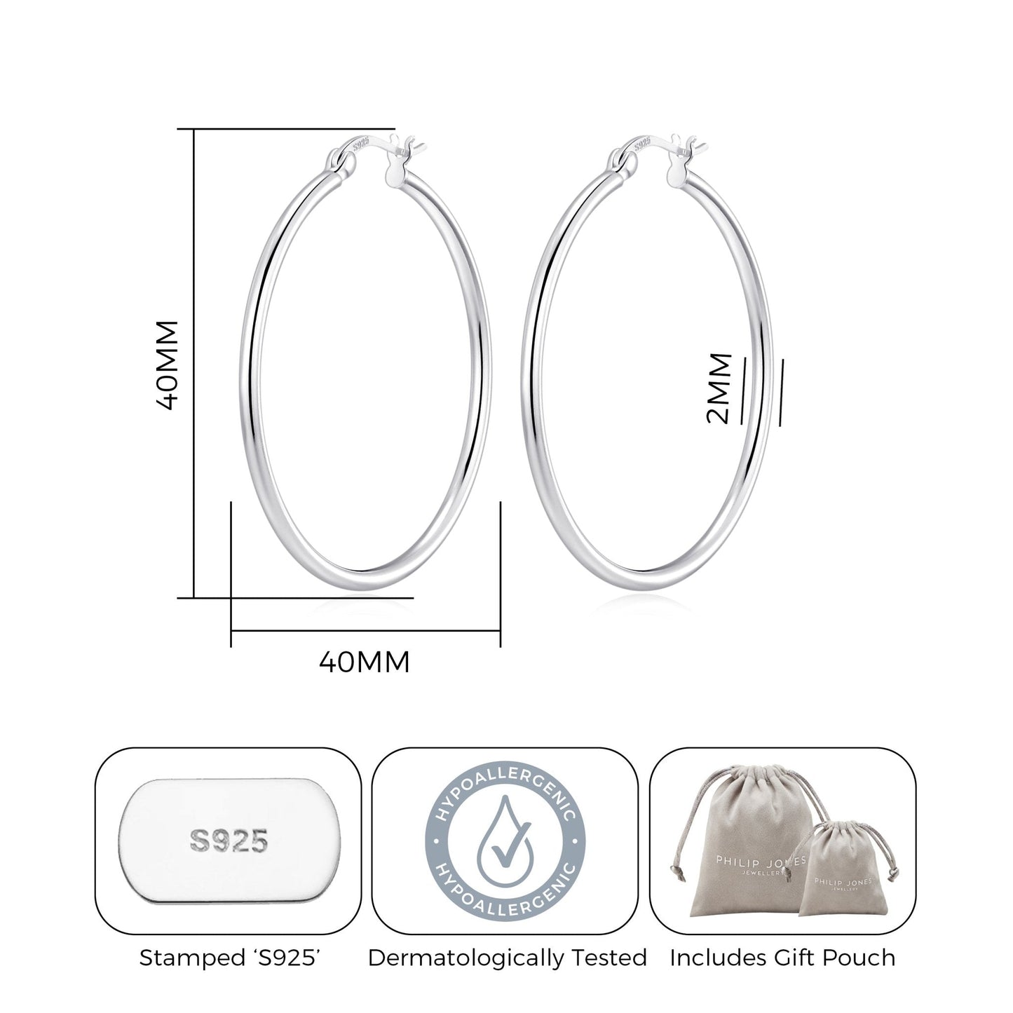 Sterling Silver 40mm Hoop Earrings