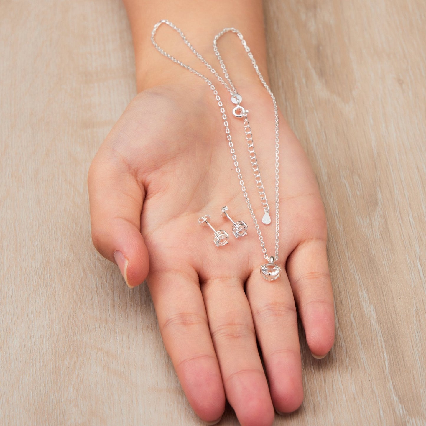 Sterling Silver April (Diamond) Birthstone Necklace & Earrings Set Created with Zircondia® Crystals