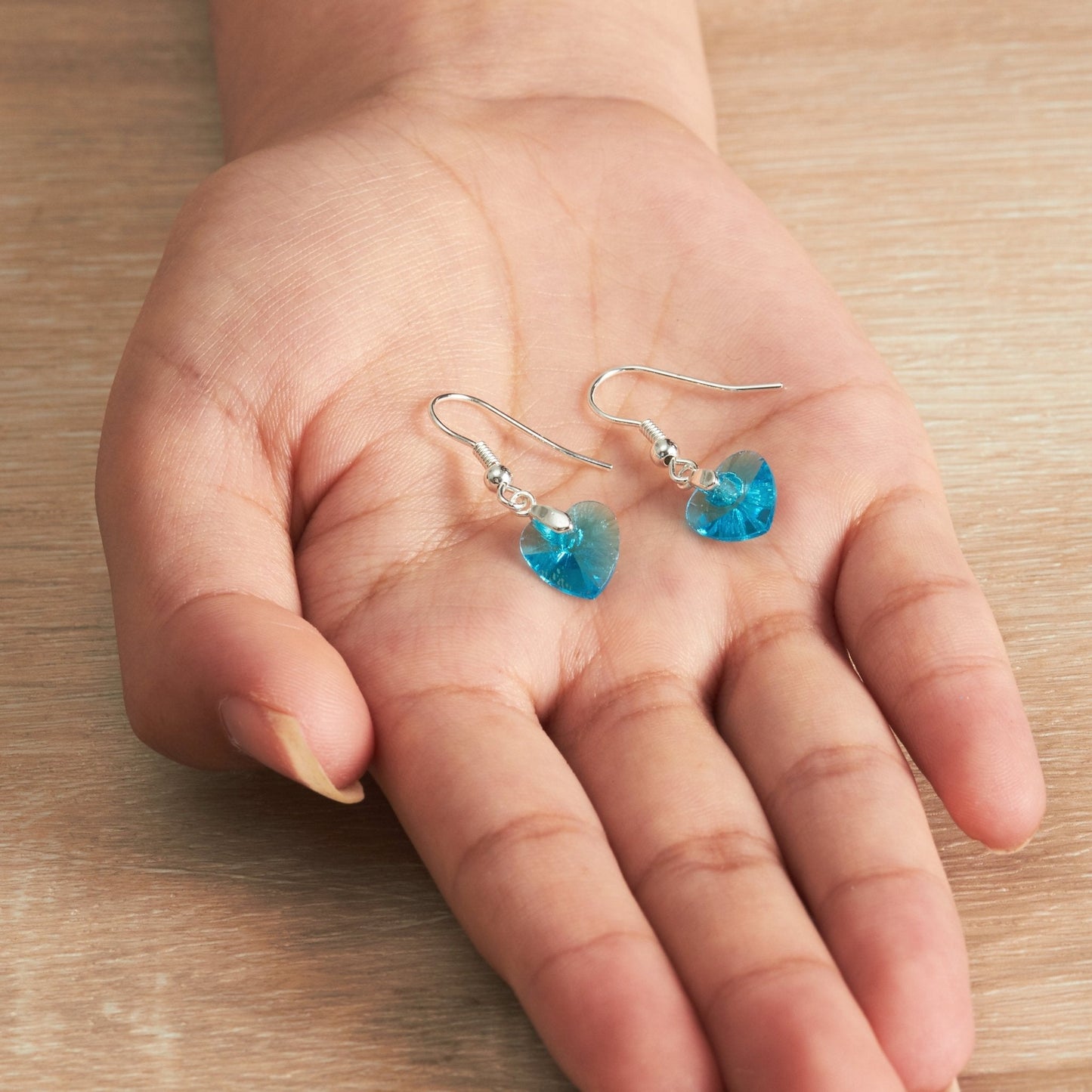 Sterling Silver Aquamarine Heart Earrings Created with Zircondia® Crystals