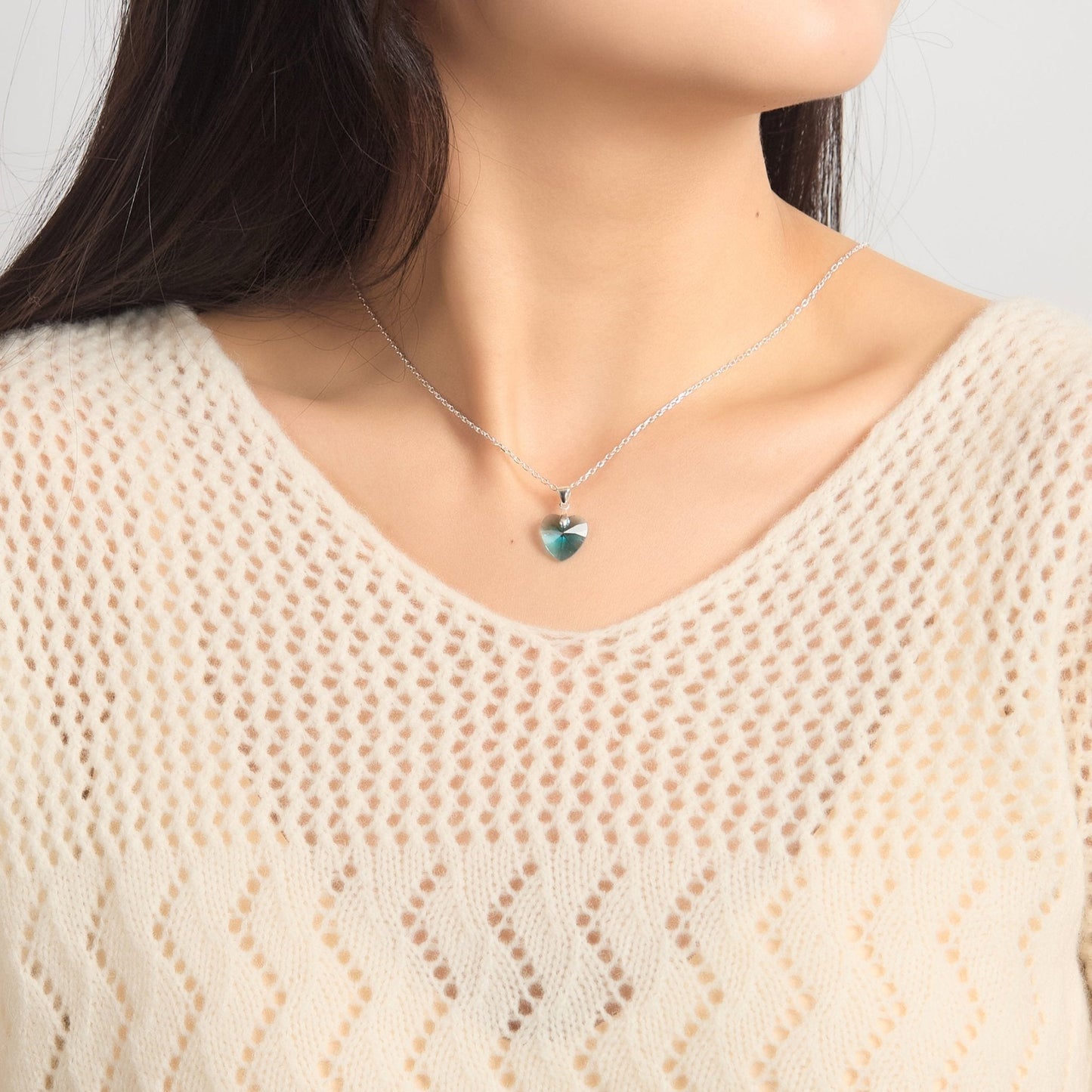 Sterling Silver Aquamarine Heart Necklace Created with Zircondia® Crystals