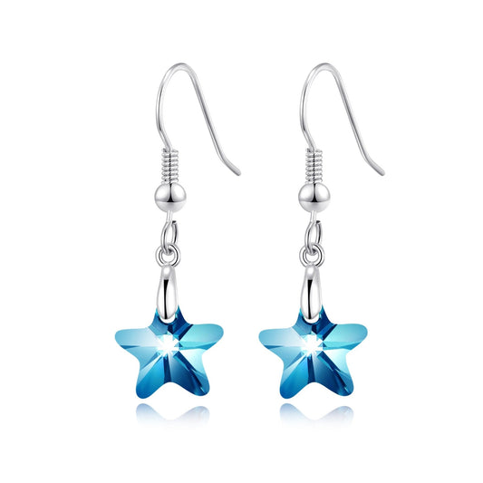Sterling Silver Aquamarine Star Earrings Created with Zircondia® Crystals