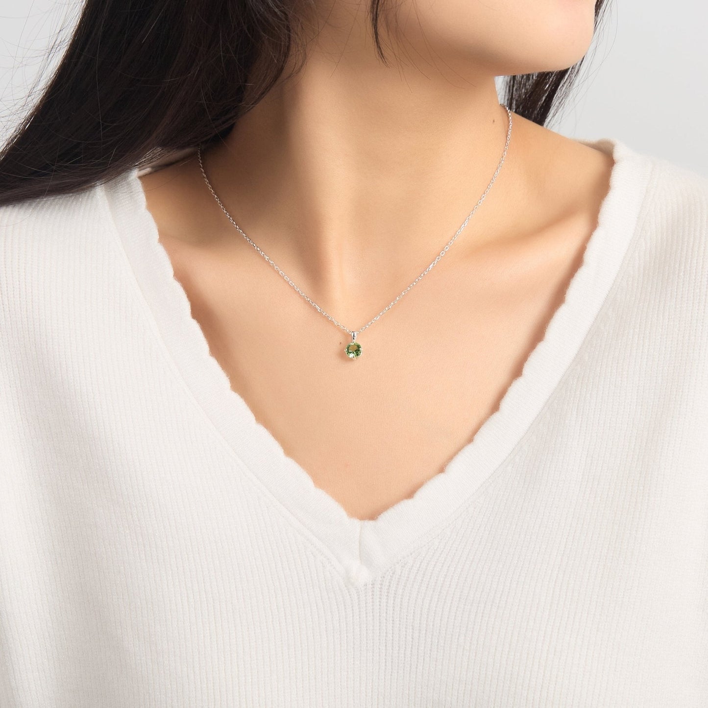 Sterling Silver August (Peridot) Birthstone Necklace Created with Zircondia® Crystals