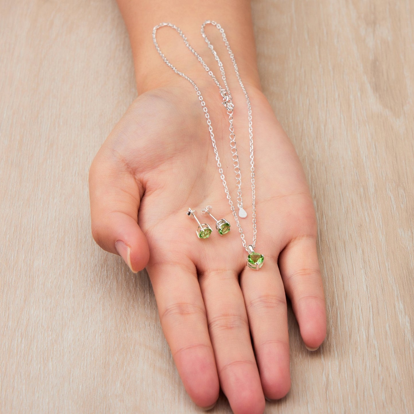 Sterling Silver August (Peridot) Birthstone Necklace & Earrings Set Created with Zircondia® Crystals