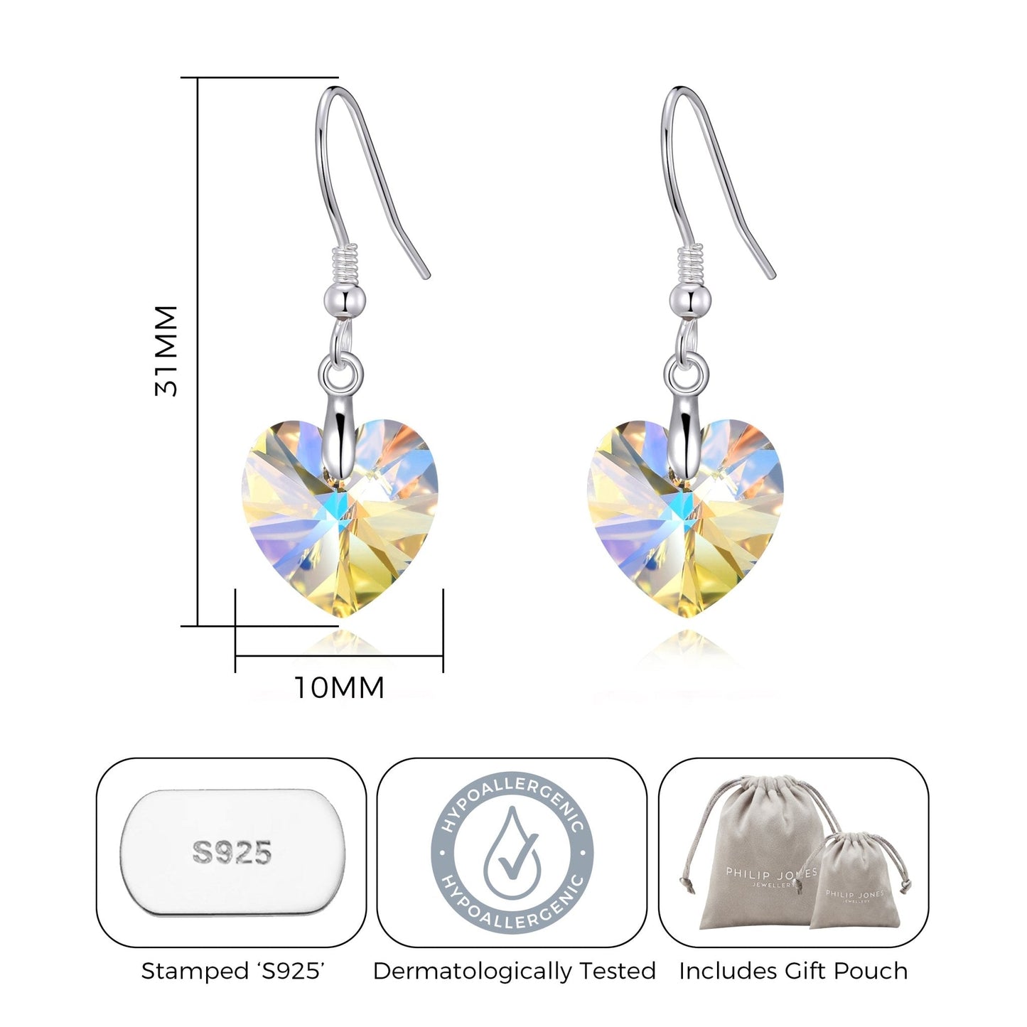 Sterling Silver Aurora Borealis Heart Earrings Created with Zircondia® Crystals