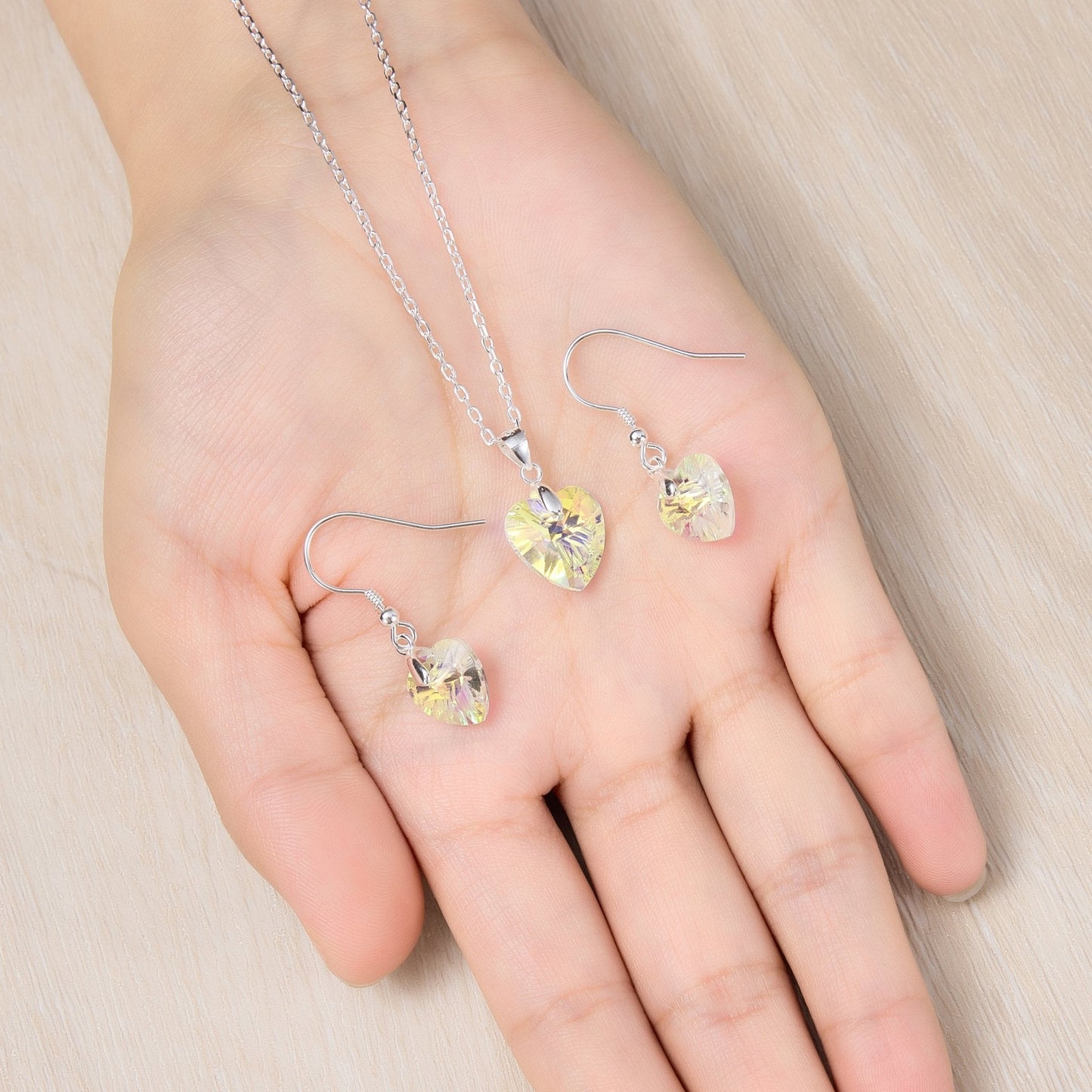 Sterling Silver Aurora Borealis Heart Set Created with Zircondia® Crystals