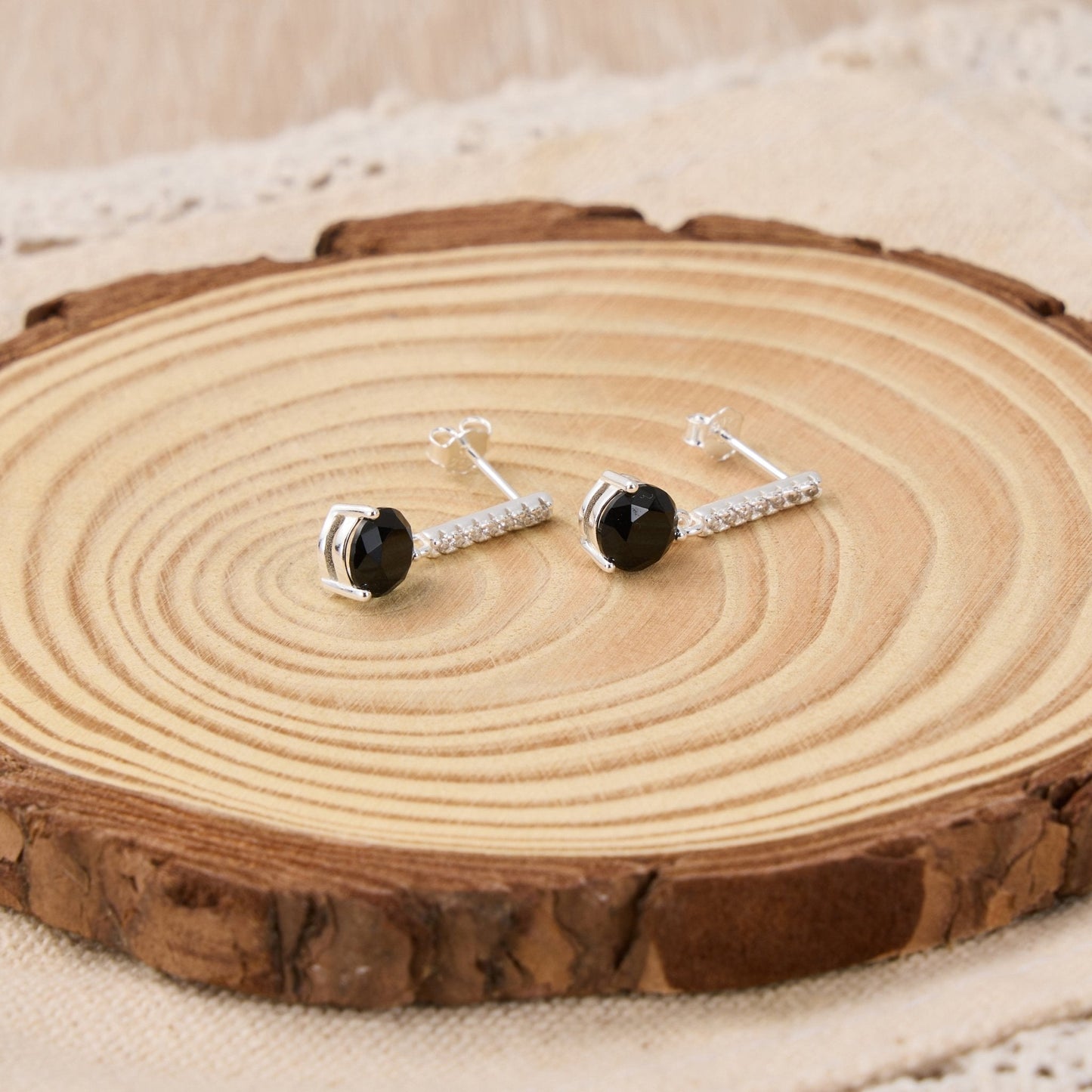 Sterling Silver Black Onyx Gemstone Drop Earrings with Quote Card