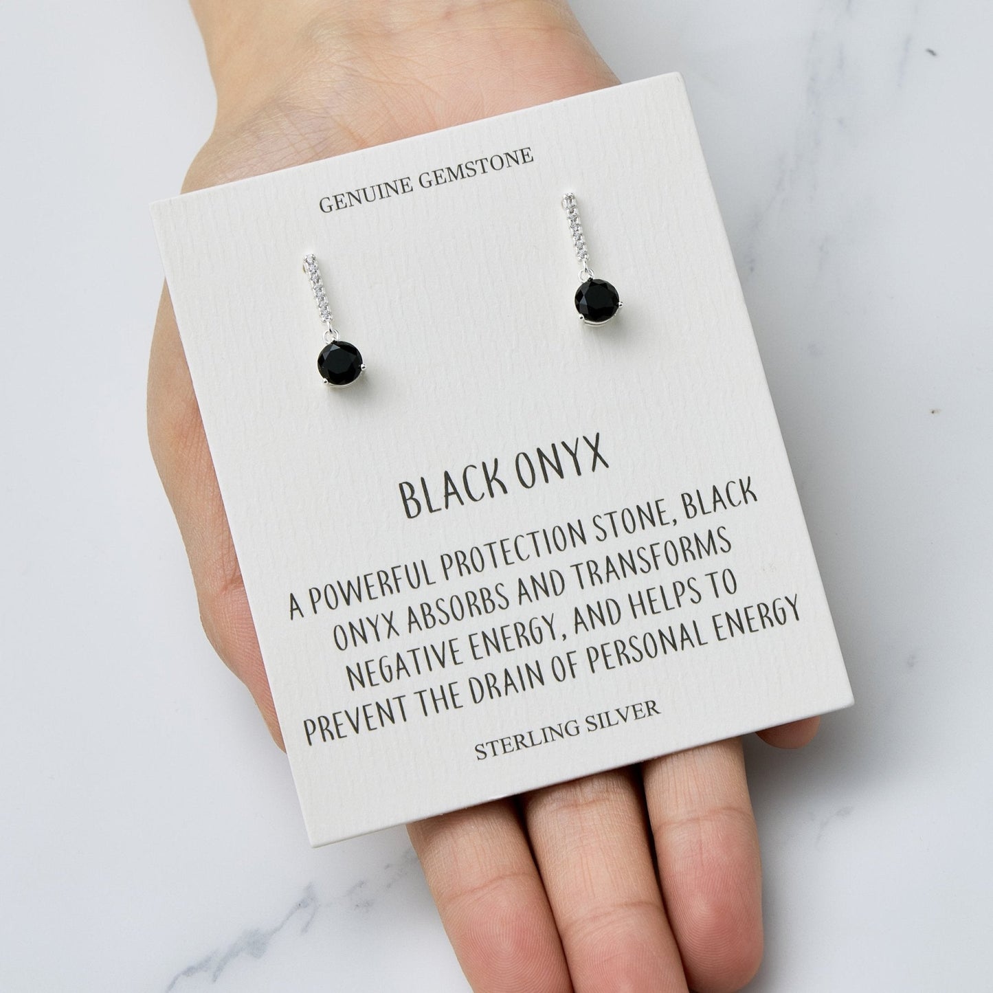Sterling Silver Black Onyx Gemstone Drop Earrings with Quote Card