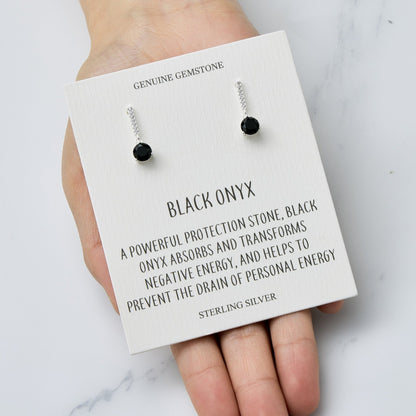 Sterling Silver Black Onyx Gemstone Drop Earrings with Quote Card