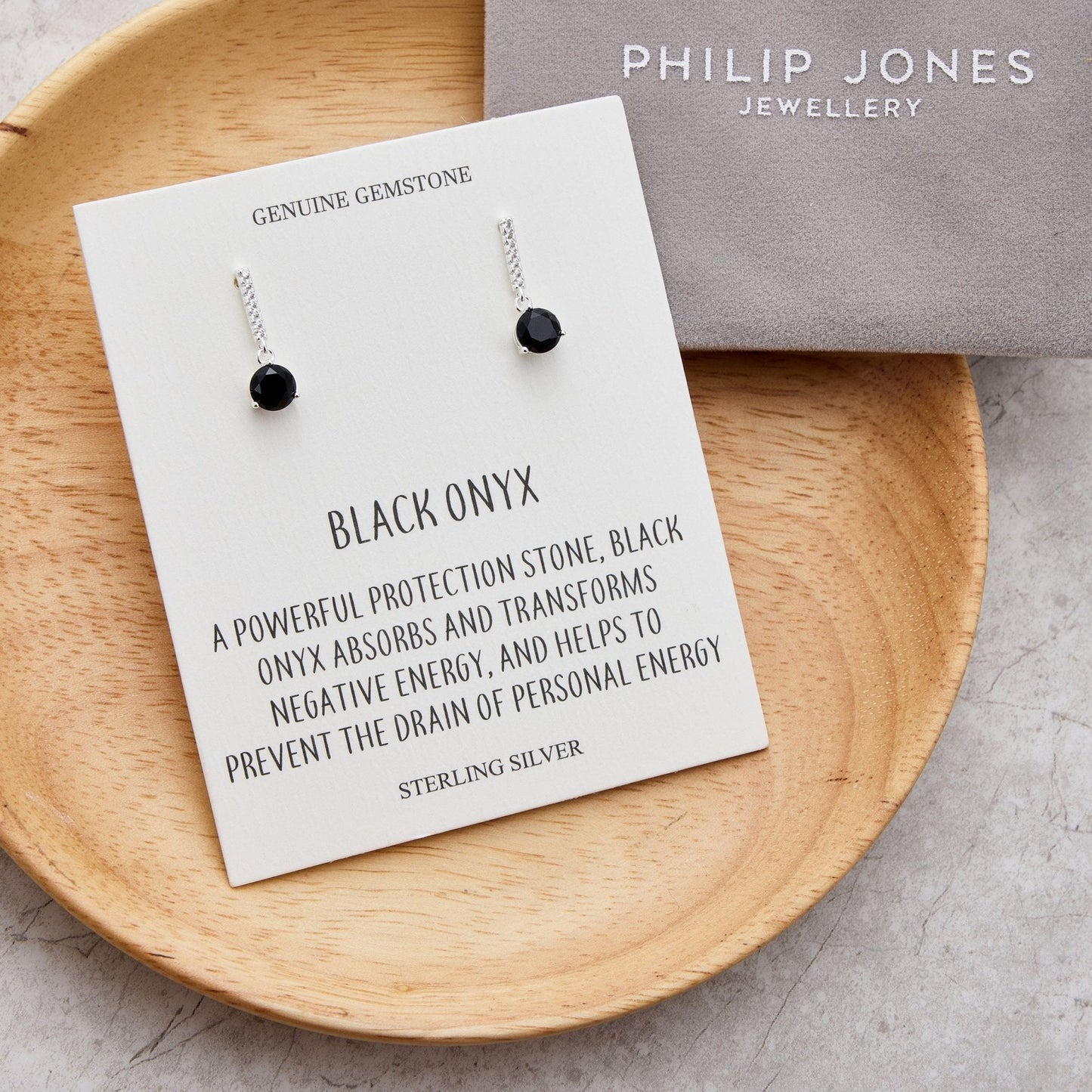 Sterling Silver Black Onyx Gemstone Drop Earrings with Quote Card