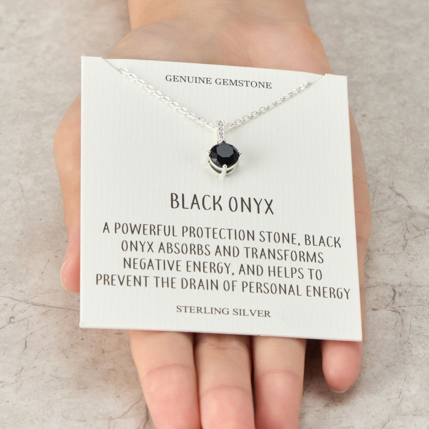 Sterling Silver Black Onyx Gemstone Necklace with Quote Card