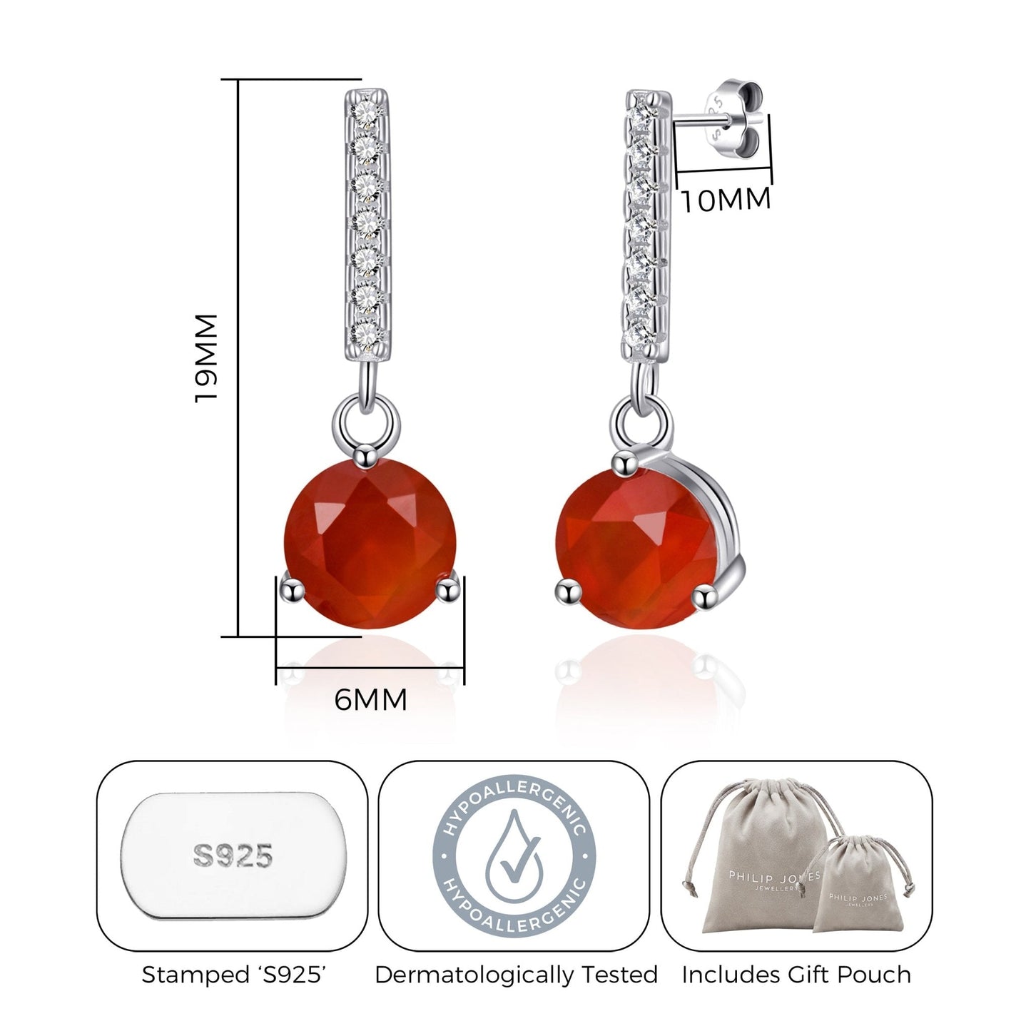 Sterling Silver Carnelian Gemstone Drop Earrings with Quote Card