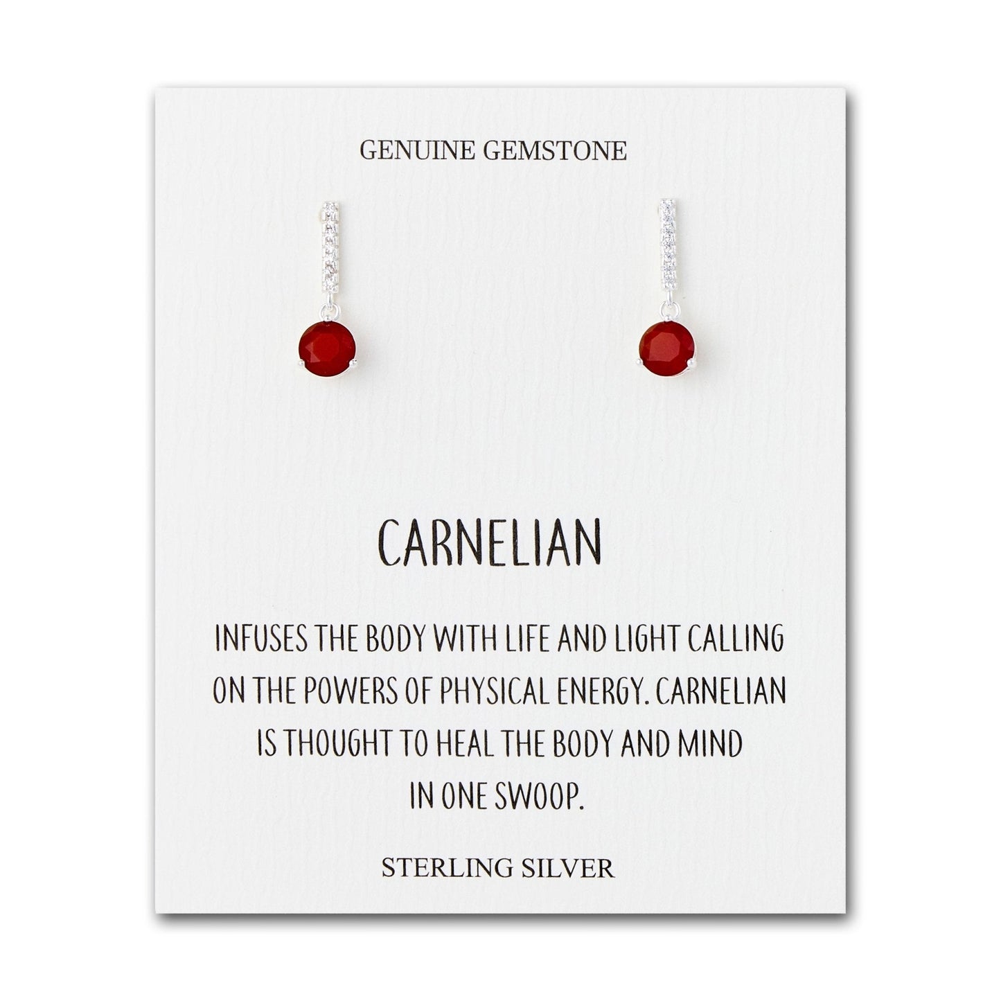 Sterling Silver Carnelian Gemstone Drop Earrings with Quote Card