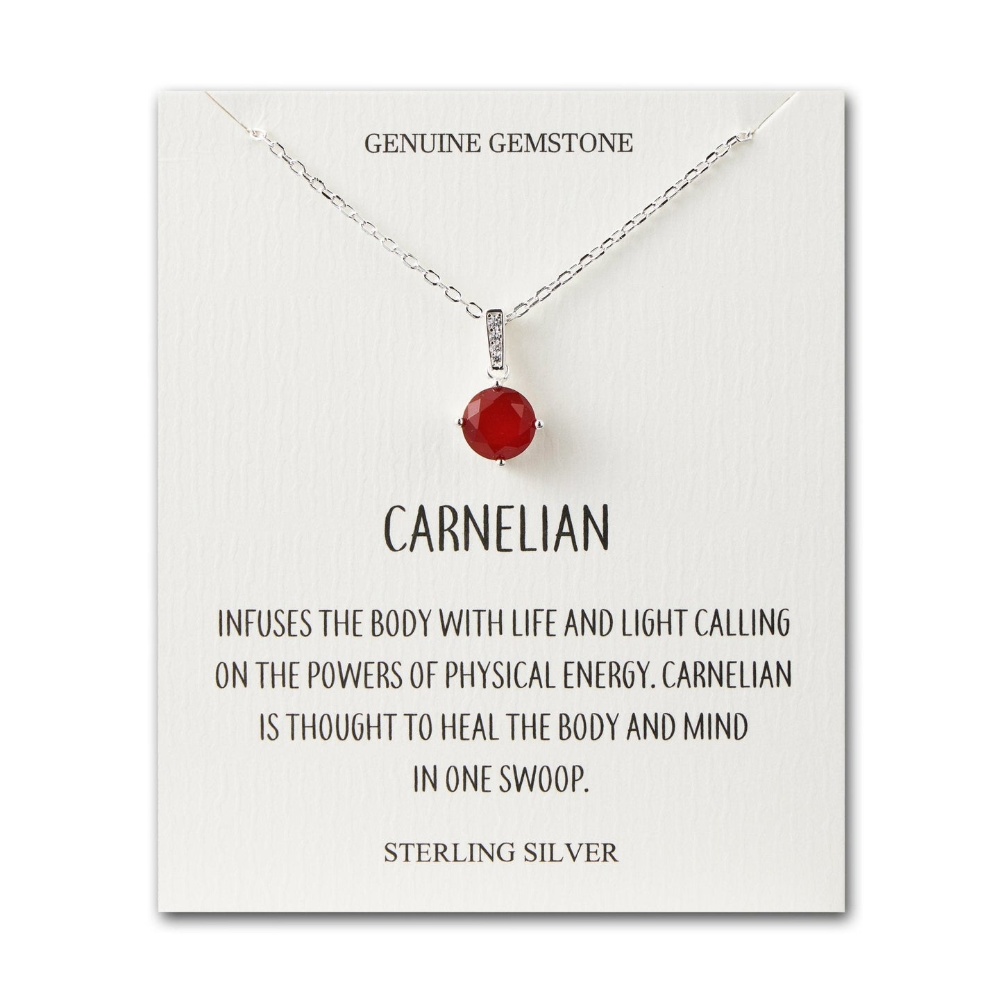 Sterling Silver Carnelian Gemstone Necklace with Quote Card