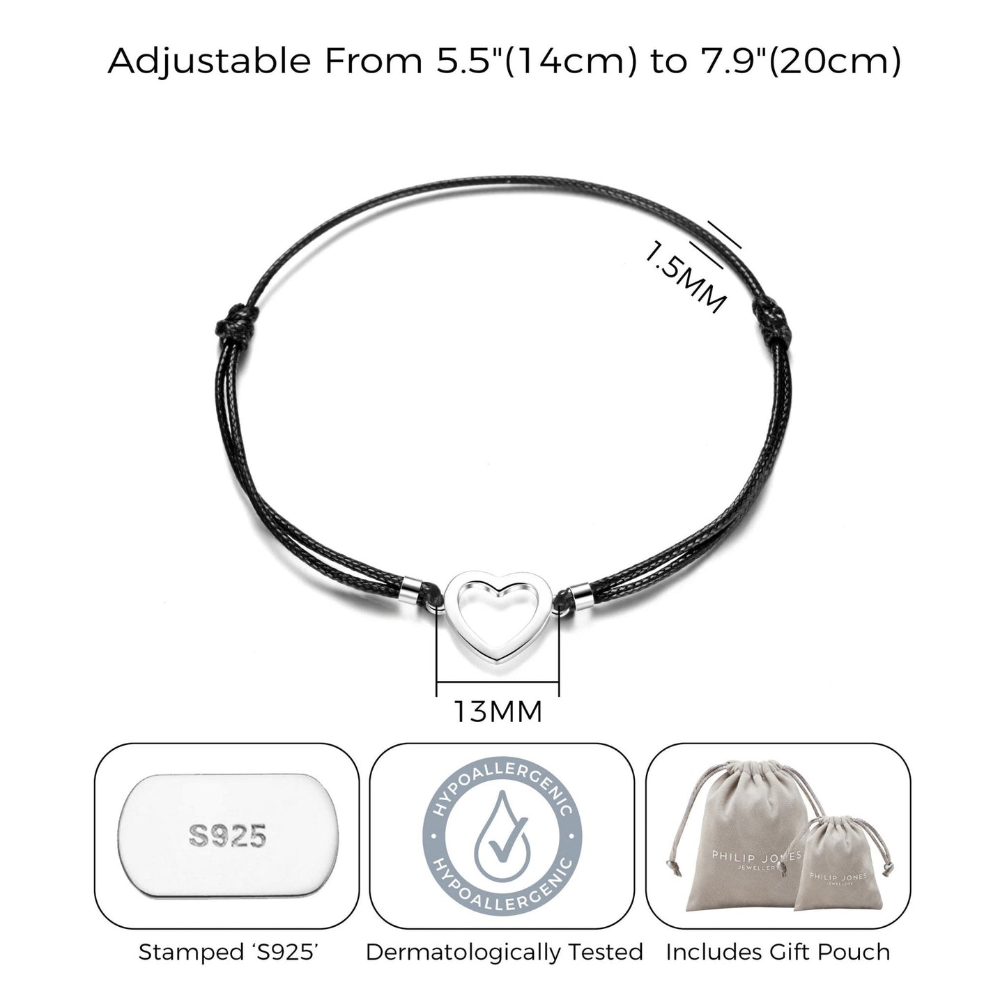 Sterling Silver Friendship Quote Corded Heart Bracelet