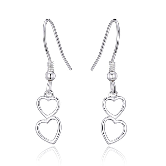 Sterling Silver Double Heart Drop Earrings