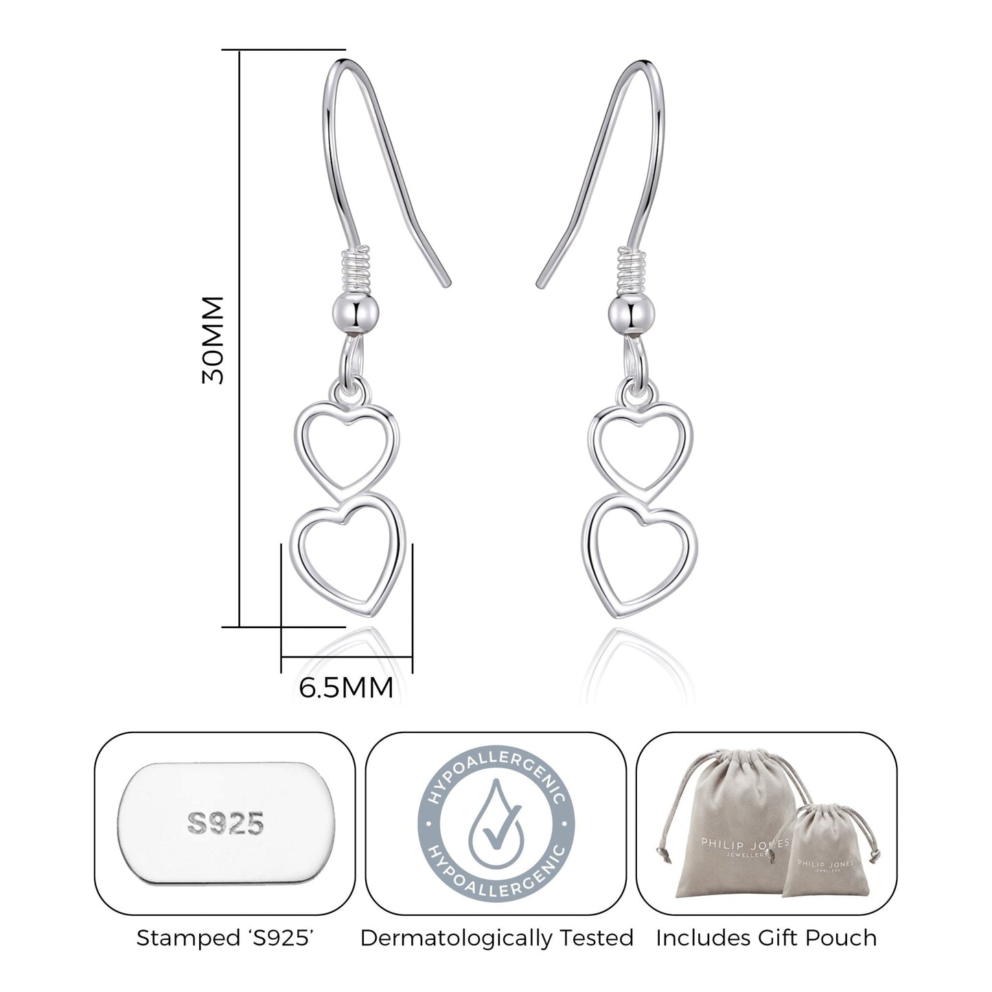 Sterling Silver Double Heart Drop Earrings