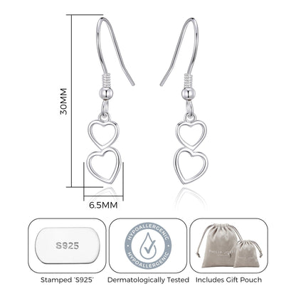 Sterling Silver Double Heart Drop Earrings