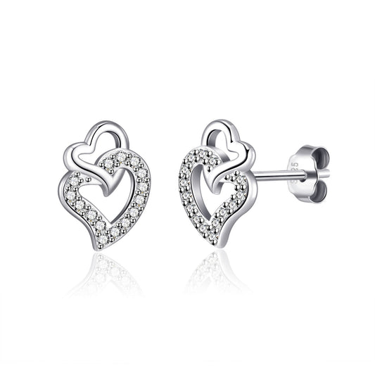 Sterling Silver Double Heart Earrings Created with Zircondia® Crystals