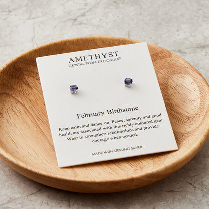 Sterling Silver February (Amethyst) Birthstone Earrings Created with Zircondia® Crystals