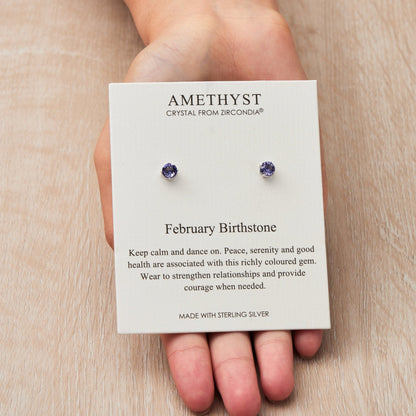 Sterling Silver February (Amethyst) Birthstone Earrings Created with Zircondia® Crystals