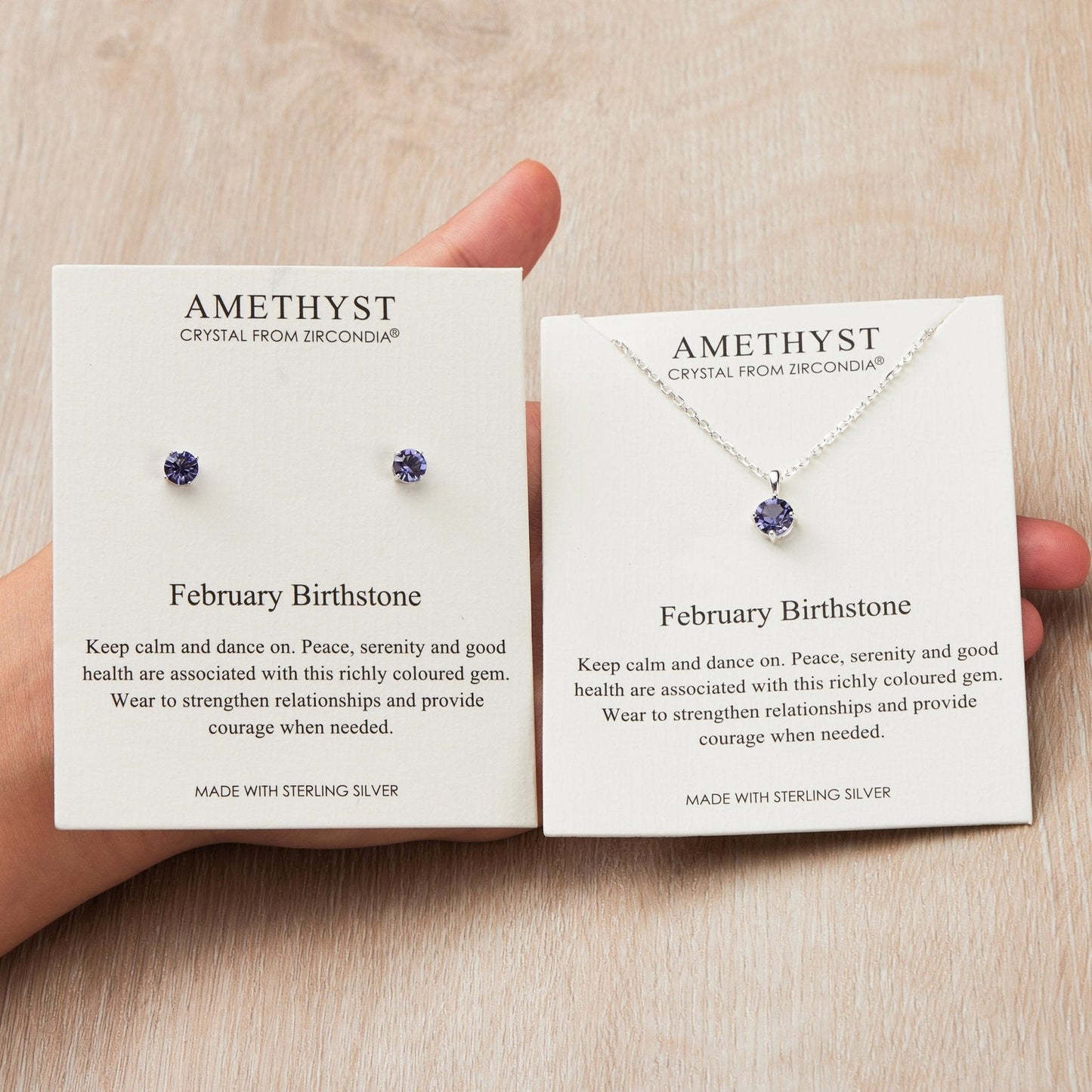 Sterling Silver February (Amethyst) Birthstone Necklace & Earrings Set Created with Zircondia® Crystals