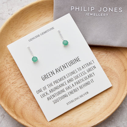 Sterling Silver Green Aventurine Gemstone Drop Earrings with Quote Card