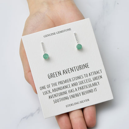 Sterling Silver Green Aventurine Gemstone Drop Earrings with Quote Card