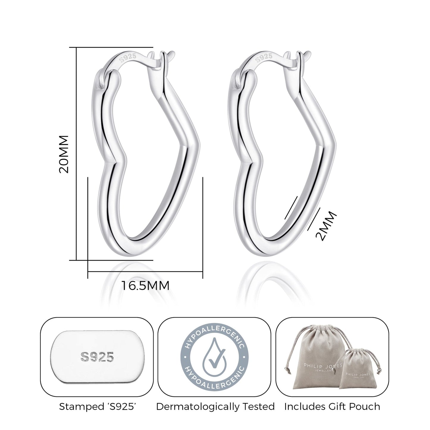 Sterling Silver Heart Hoop Earrings with Latch Back