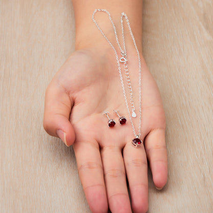 Sterling Silver January (Garnet) Birthstone Necklace & Earrings Set Created with Zircondia® Crystals